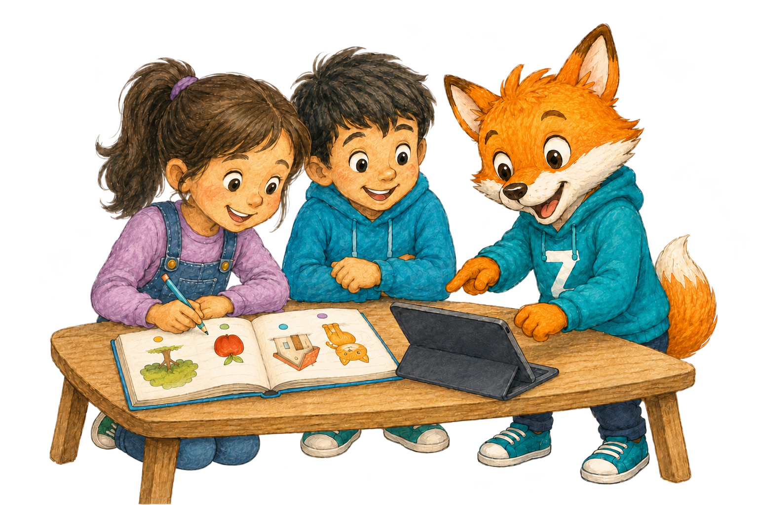 Zwei Kinder lernen mit Zeki anhand eines Buches und Tablets Türkisch